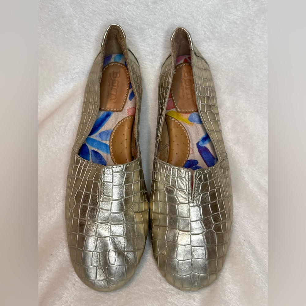 Born Sebra Gold Snakeskin‎ Leather Flats Women Slip On Shoes D74610 Size 7